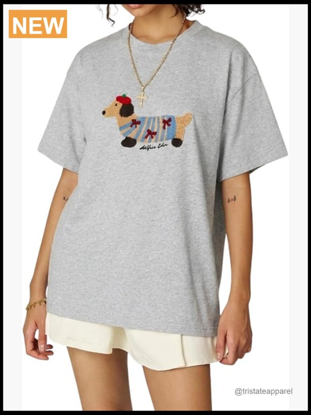 Oversized Cute Dog Embroidery Graphic Tee, Cotton, Crew Neck Short Sleeve,